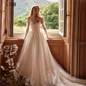 LISM Puošnūs svajingi oficialūs vestuviniai chalatai Mielaširdingi nėriniai Prabangi nuotakos suknelė A-Line Tulle Chalate De Mariée Grindų ilgis 2024