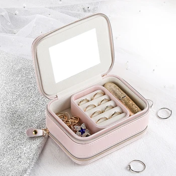 Naujas prabangus odinių papuošalų organizatorius dėklas su užtrauktukais Nešiojama daugiafunkcinė žiedo pakabuko lūpų dažų laikymo dėžutė su veidrodžiu