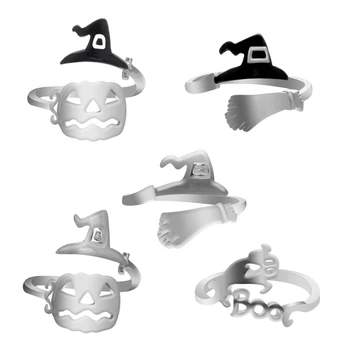 Helovino moliūgų reguliuojami žiedai Burtininko raganos skrybėlės žiedas Sidabru dengtas Helovino raganos šluota Atviras piršto žiedas