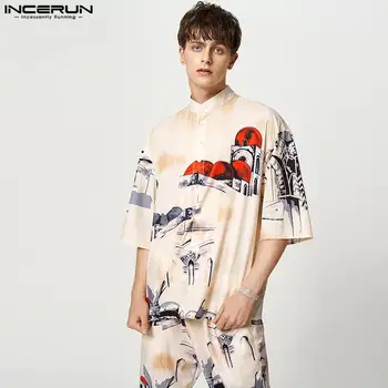 American Style New Men's Scenery Pattern Style Palaidinė Casual Retro Printing Trijų ketvirčių rankovių marškiniai S-5XL INCERUN Tops 2023