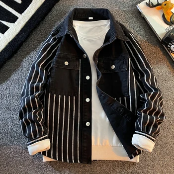 Casual Denim Jacket Spring Autumn Stripe Jean Jackets for Men Coat Outwear Breasted Slim Fit Mens Clothing Plus Size 2023 A126