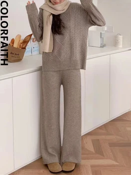 Colorfaith WS9368JX 2024 Nauji vintažiniai 2 dalių rinkiniai Megztiniai su kelnėmis Megztos moterys Ruduo Žiema Korėjiečių mada Elegantiški kostiumai