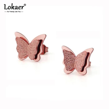 Lokaer Naujo dizaino rožinio aukso spalvos drugelio smeigės auskarai moterims Nerūdijantis plienas Mieli mergaičių auskarai Papuošalai E17030