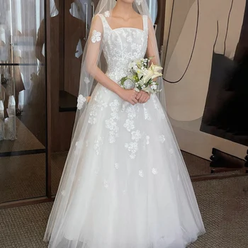 GIOIO kvadratinė apykaklė Korėjos sodo vestuvinė suknelė Pleat Berankovė Formali 프롬드레스 Grindų ilgis Elegantiška Prom suknelė Party Moterų nuotaka