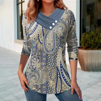 Moteriški pavasariniai marškinėliai Įstrižai V formos kaklo sagų papuošimai Spausdinti kontrasto spalva ilgomis rankovėmis Laisvas megztinis Laisvalaikio moteriški viršutiniai marškiniai