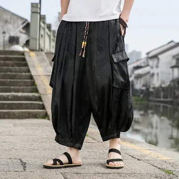 Pavasario ir rudens vyriški kiniško stiliaus darbo drabužiai užsienio prekybai: didelės kišeninės drakono spausdinimo 7 colių kelnės plačiomis kojomis