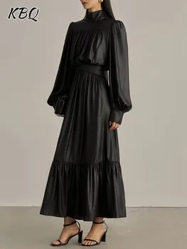 KBQ-Patchwork Lace Up Elegantiškos suknelės moterims, stovo apykaklė, ilgos rankovės, aukštas juosmuo, lieknėjimo, vintažinis, formalus, moteriškas stilius