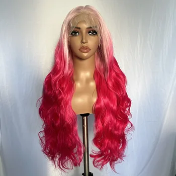 SOKU šviesiai rožiniai ombre raudoni perukai 28 colių banguotas perukas Natūralus sintetinis nėrinių priekinis perukas su kūdikių plaukais moterims Daily Party Cosplay