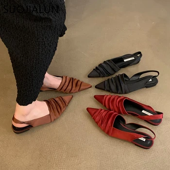 SUOJIALUN 2023 Naujas prekės ženklas Moteriški sandaliniai batai Mada plisuotas slydimas ant moterų Elegantiški slingback batai Plokščias kulnas Smailus pirštas Mules S