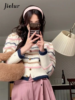 Jielur O-kaklas Kontrastinė spalva Laisvas dryžuotas mezgimo megztinis Moteriškas megztinis Korėjietis Naujasis ruduo plonas prašmatnus mygtukas Moterų kardiganas