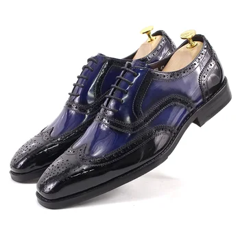 Prabangūs vyriški Oksfordo batai Natūralios lakuotos odos klasikinis sparno galiukas Pirštų suvarstomas rankų darbo verslo biuro vakarėlio suknelės batai vyrams
