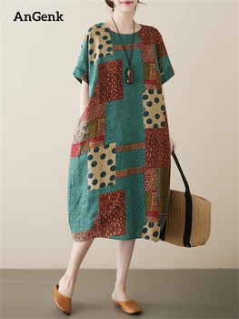 Medvilnės vintažinės pavasarinės vasarinės suknelės moterims 2023 Nauji laisvalaikio suknelės trumpomis rankovėmis Laisvas Midi mados chalatas Femme Elegantiški drabužiai