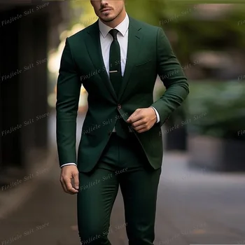 Naujas tamsiai žalias verslo kostiumas Vyriški smokingai Jaunikis Jaunikis Prom vestuvių vakarėlis Oficialus 2 dalių komplektas Švarkas ir kelnės