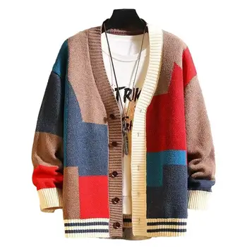 Vyriškas megztas megztinis Pavasario megztinis Paltas Stilingas vyriškas kolorito blokas Megztas megztinis Paltas Šiltas vidutinio ilgio V formos kaklo megztinis rudeniui