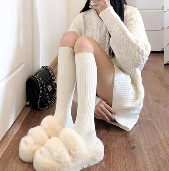 Rudens ir žiemos moteriškos megztos kojinės Vienspalvės vertikalios juostelės Šiltos kelio ilgio kojinės Harajuku Fashion Lolita kojinės