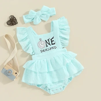Baby Girl First Birthday Outfit One Derland Clock Cotton Linen Ruffle Romper Bodysuit Cake Smash Clothes