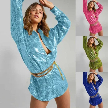 Moteriškos spalvos blizgūs blizgučiai Marškiniai Suknelė Gatvės apranga 2024 Nauja mada Seksualios megztinės ilgomis rankovėmis Tops Naktinio klubo suknelės