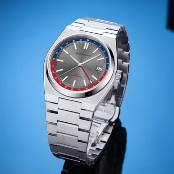 Specht&Sohne Nauji GMT automatiniai laikrodžiai vyrams Pilka spalva 37MM mechaninis rankinis laikrodis Safyro kristalas Nerūdijantis plienas atsparus vandeniui
