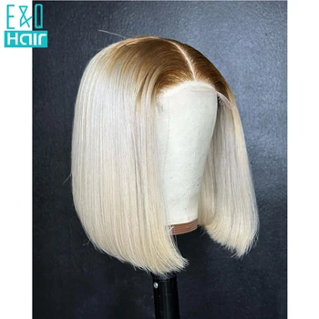 Ombre Blonde Nėrinių priekis Žmogaus plaukų perukas 13x4 HD Skaidrus nėrinių priekis Bobo perukas Ruda šaknis Nupešta plaukų linija su kūdikių plaukais
