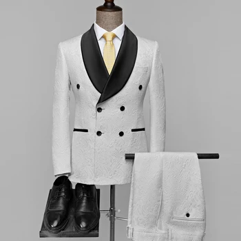 Vyrų balta mada Prabangus vestuvių pokylis Jaunikio suknelė 2PCS Kostiumas Britų stilius Classic Men Prom Party Žakardo švarkas ir kelnės
