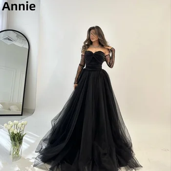 Annie Black ilgomis rankovėmis Prom suknelės Plisuotas tiulis Vakarinė suknelė A formos elegantiška Lady Party suknelė 2024فساتين سهره فاخره