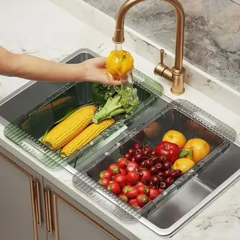 Virtuvės kriauklės krepšelio nusausintuvas, ištiesiamas virš kriauklės kiaurasamčio reguliuojamas filtras Namų vonios kambario laikymo organizatoriaus priedai