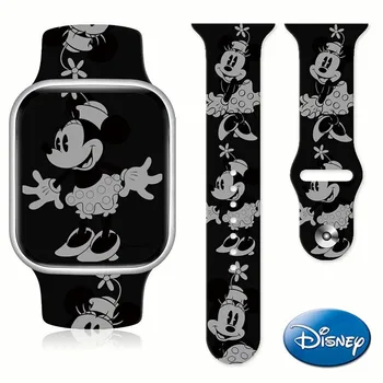 Disney Mickey Minnie Juoda balta pilka Spausdintas silikoninis dirželis, skirtas Apple Watch Band 8/7/6/5/4/3/2/1 Ultra 38/40/41MM 42/44/45/49MM