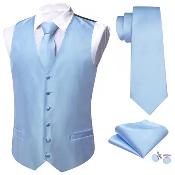 Elegantiška liemenė vyrams Mėlyna vientisa šilkinė liemenė Suknelės kaklaraiščio komplektas Vyriški oficialūs vestuviniai kostiumai Verslo dovana be rankovių Gilet Barry Wang
