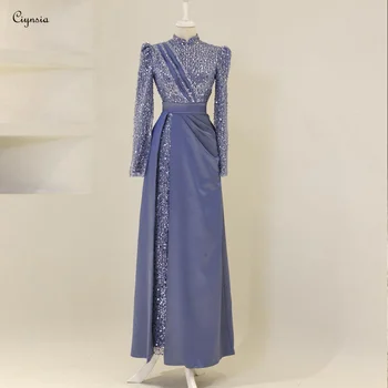 Ciynsia Blue Dubai Oficialios vakarėlio suknelės aukštu kaklu pilnomis rankovėmis vakarinė suknelė Satin su karoliukais Tiesi rožinė prom suknelė 2024