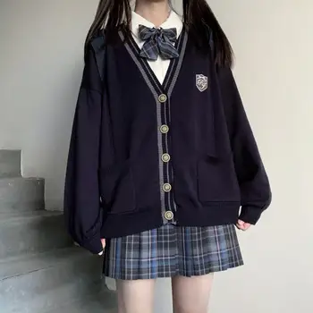 Megztas megztas megztinis Koledžo stilius Japonų JK uniforma Mėlyna Megztinis ilgomis rankovėmis Siuvinėjimas Studentas Korėjiečių laisva mokykla Mergaičių uniforma