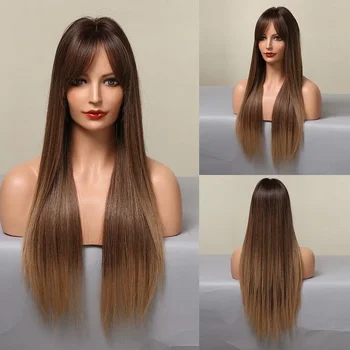Long Ombre Straight Mixed Brown Synthetic Wigs With Bangs Heat Resistant Women Natural Cosplay wig