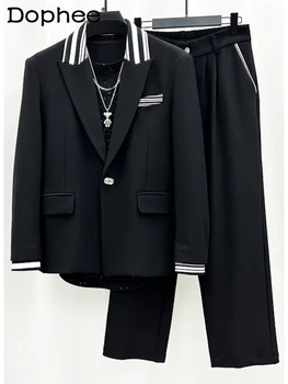 Fashion High-End Casual Suit Vyriškos asmenybės dryžuotas Stiching kostiumas Ilgų rankovių paltas Kontrastinės spalvos kelnės Dviejų dalių kostiumas