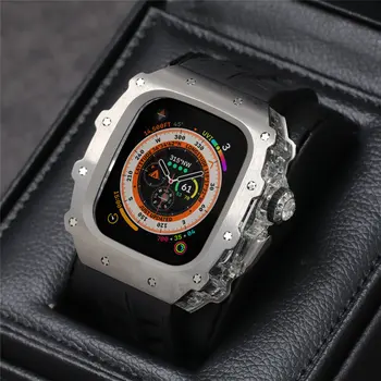 AP Mod Kit Premium titano lydinio dėklas, skirtas Apple Watch Series 9 8 7 6 5 4 SE Ultra Fluororubber Butterfly Buckle Band