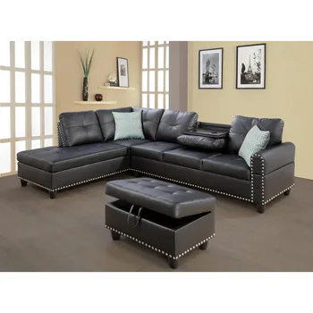 Svetainės sofa L formos 6 vietų, erdvi su nuimama osmaniška, dirbtinės odos minkšta segmentine sofa