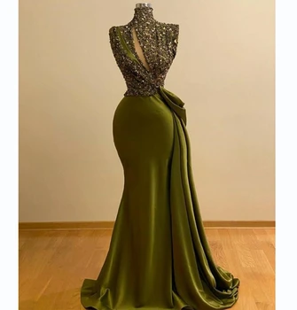 Puošni žalia vakarinė suknelė su aukštu kaklu Krištolinė undinėlė Grindų ilgis Oficiali vakarėlio suknelė moterims فساتين مناسبة رسمية