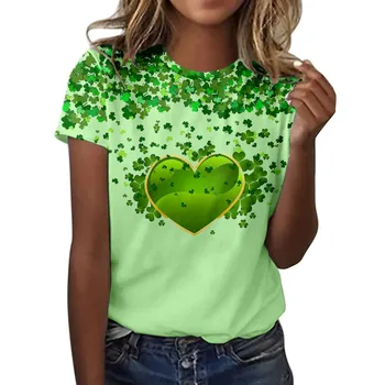 Moterys St. Patrick's Day marškinėliai Vasaros marškinėliai 3.17 Žaliasis dobilas Vaivorykštė Glod moneta Shamrocks Apvalus kaklas Trumpomis rankovėmis Trišakiai Viršūnės