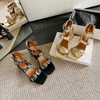 MKKHOU Fashion Sandals Women New High Quality Real Leather Spicy Girl Style Belt Buckle High Heel Basals Modern Open Shoes