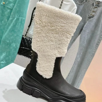 Žieminiai elastiniai batai Kailis Sulankstoma apykaklė Vidutinio ilgio batai Apvalūs kojų pirštai Storo dugno batai Moteriški batai Įžymybių prekės ženklo batai
