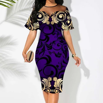 Elegantiška violetinės spaudos vakarėlio suknelė moterims Seksuali tinklinė trumpomis rankovėmis plona biuro panelė Bodycon suknelės 2023 m. vasara OL Vestidos