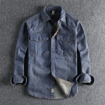 Darbo drabužiai didelė kišenė Vintažiniai skalbti seni ilgomis rankovėmis vyriški laisvi prigludę rudens ir žiemos dienos universalūs jaunimo marškiniai