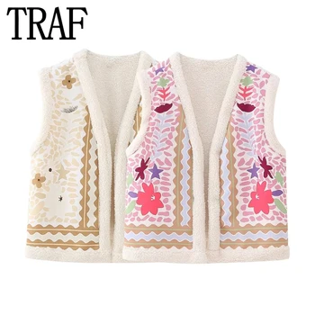 TRAF 2023 Vintage Print Liemenė be rankovių Moteriška pliušinė apkarpyta striukė Moteriška liemenė Boho Šiltas moteriškas žieminis paltas Megztinis