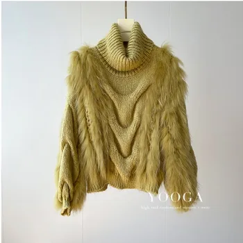 2021 Naujas rudens žiemos korėjietiško stiliaus karštas pardavimas Turtleneck moteriškas megztinis megztinis su natūraliu usūriniu kailiu