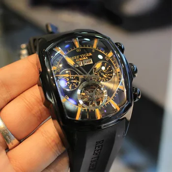 Reef Tiger/RT Prabangūs laikrodžiai Vyriškas Tourbillon Analoginis automatinis laikrodis Rose Gold Tone Sportinis rankinis laikrodis Guminis dirželis RGA3069