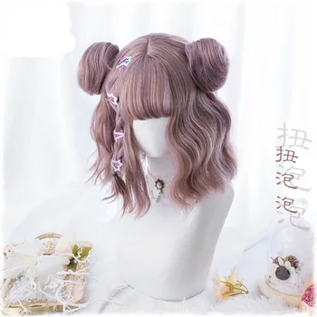 New Harajuku Kawaii Lolita Daily Gothic Short Curly Hair Cosplay kostiuminis perukas moterų Helovino vakarėliui su bandelėmis+ peruko kepure