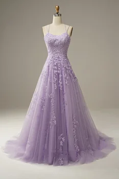 Purple Tulle A-Line Nėrinių plisuotas spagečių dirželis Oficiali vakarinė suknelė Aplikacijos Nugaros be grindų ilgio prom suknelės