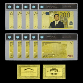 10vnt./lotas Naujas kūrybingas Zelenskis Ukrainos prezidentas Euro 200 aukso folijos banknotai Popieriniai pinigai su plastikiniu rėmu Suvenyrinė dovana
