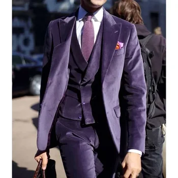 Violetiniai aksominiai kostiumai vyrams 3 dalių formalus mados piko atlapas viengubas krūtininis smokingas Casual Party Prom Vestuvinis vyriškas kostiumas Plonas