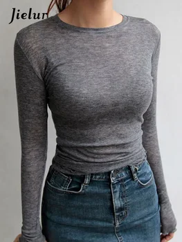 Jielur Slim aukštos kokybės paprasti marškinėliai Moterys Medvilniniai elastiniai pagrindiniai marškinėliai Moteriški laisvalaikio viršugalviai ilgomis rankovėmis Seksualūs ploni Žiūrėti