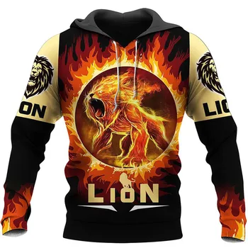 Vyrai Casual Hoodie 3D Lion Fire Print Hoodies Vyras Moteriškas džemperis su gobtuvu Striukė su užtrauktuku Rudeninis paltas ilgomis rankovėmis Unisex Streetwear