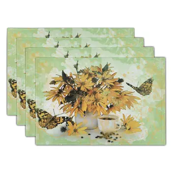 Geltonos ramunėlės ir drugeliai Stalo kilimėlis Kavos kilimėlis Karščiui atsparus stalo padas Linas Placemat virtuvės dekoro rinkinys 4